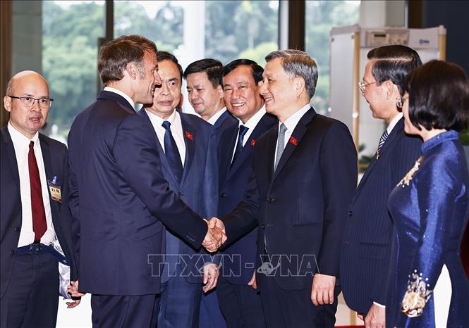 Chủ tịch Quốc hội Trần Thanh Mẫn và đại biểu Việt Nam đón Tổng thống Pháp Emmanuel Macron. Ảnh: Doãn Tấn – TTXVN