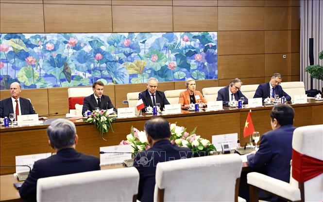 Tổng thống Pháp Emmanuel Macron phát biểu tại cuộc hội kiến Chủ tịch Quốc hội Trần Thanh Mẫn. Ảnh: Doãn Tấn – TTXVN