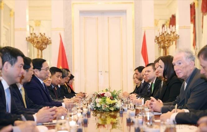 Thủ tướng Phạm Minh Chính hội kiến Tổng thống Hungary Katalin Novák (Budapest, 19/1/2024). Ảnh: Dương Giang – TTXVN