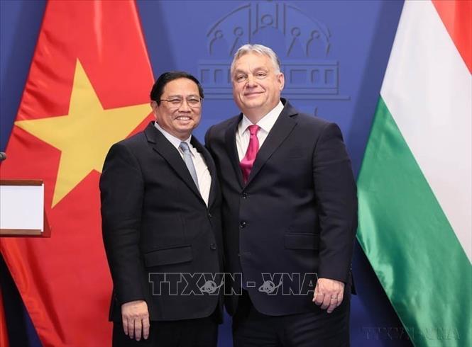 Thủ tướng Viktor Orbán đón Thủ tướng Phạm Minh Chính thăm chính thức Hungary (Budapest, 18/1/2024). Ảnh: Dương Giang - TTXVN