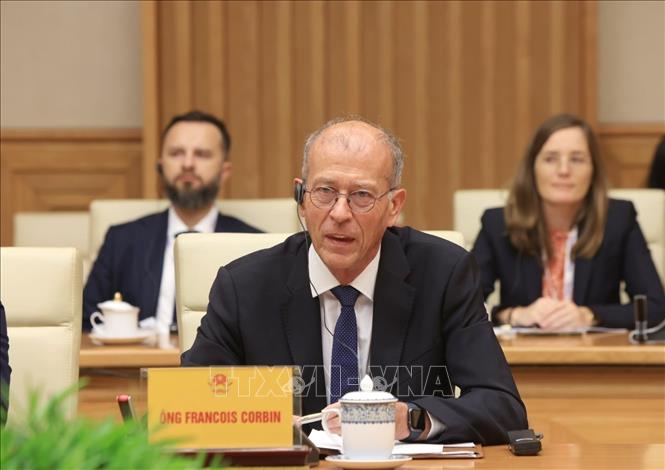 MEDEF Vice Chairman Francois Corbin speaks at the meeting. VNA Photo: Tuấn Anh