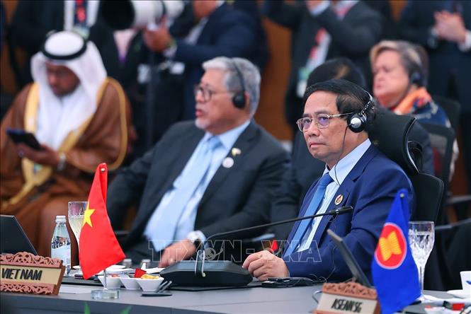 Thủ tướng Phạm Minh Chính dự và phát biểu tại Hội nghị Cấp cao Kinh tế ASEAN - Hội đồng Hợp tác Vùng Vịnh (GCC) - Trung Quốc. Ảnh: Dương Giang-TTXVN
