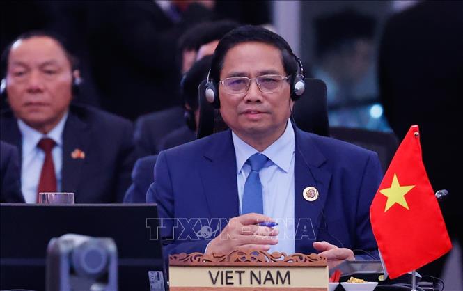 Thủ tướng Phạm Minh Chính phát biểu tại Hội nghị Cấp cao Kinh tế ASEAN - Hội đồng Hợp tác Vùng Vịnh (GCC) - Trung Quốc. Ảnh: Dương Giang-TTXVN