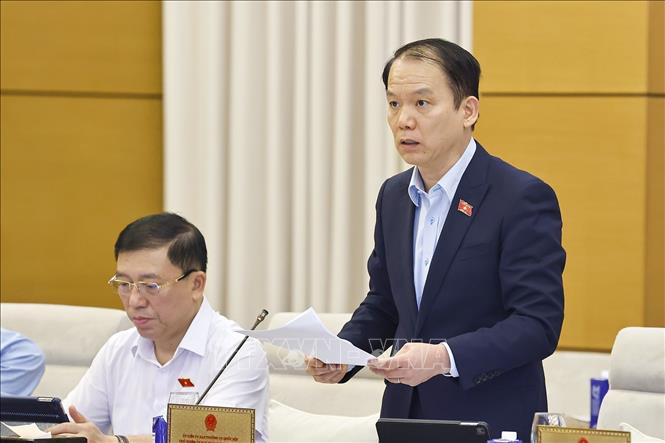 Chủ nhiệm Ủy ban Pháp luật và Tư pháp của Quốc hội Hoàng Thanh Tùng trình bày báo cáo. Ảnh: Doãn Tấn - TTXVN