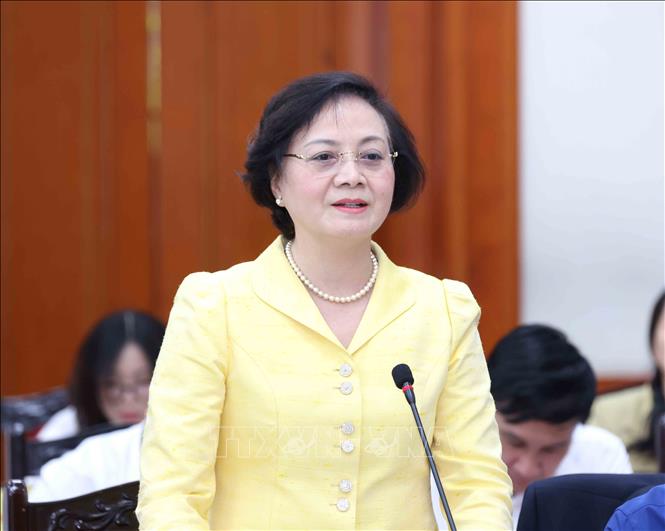 Đồng chí Phạm Thị Thanh Trà, Uỷ viên Trung ương Đảng, Bộ trưởng Bộ Nội vụ phát biểu tại buổi làm việc. Ảnh: Phương Hoa – TTXVN