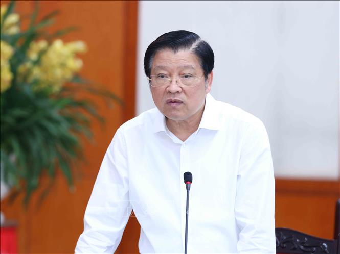 Đồng chí Phan Đình Trạc, Uỷ viên Bộ Chính trị, Bí thư Trung ương Đảng, Trưởng Ban Nội chính Trung ương phát biểu tại buổi làm việc. Ảnh: Phương Hoa – TTXVN