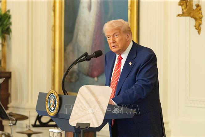 Tổng thống Mỹ Donald Trump phát biểu tại Nhà Trắng ở Washington, DC. Ảnh: THX/TTXVN
