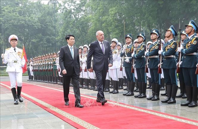 Chủ tịch nước Lương Cường và Tổng thống Hungary Sulyok Tamas duyệt Đội danh dự Quân đội nhân dân Việt Nam. Ảnh: Lâm Khánh – TTXVN