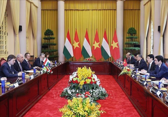 Chủ tịch nước Lương Cường và Tổng thống Hungary Sulyok Tamas hội đàm. Ảnh: Lâm Khánh – TTXVN