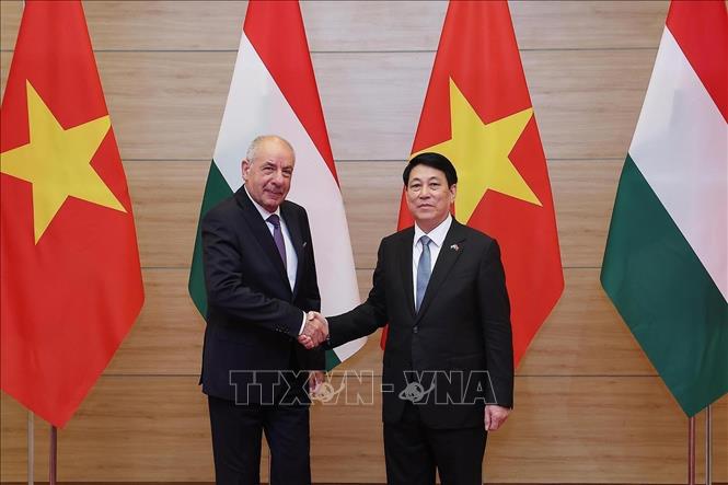 Chủ tịch nước Lương Cường đón Tổng thống Hungary Sulyok Tamas tới dự tiệc chiêu đãi. Ảnh: Lâm Khánh – TTXVN