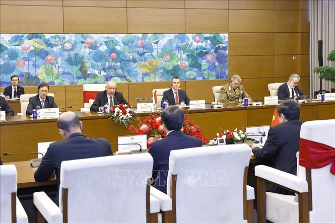Tổng thống Hungary Sulyok Tamas phát biểu tại cuộc hội kiến Chủ tịch Quốc hội Trần Thanh Mẫn. Ảnh: Doãn Tấn - TTXVN