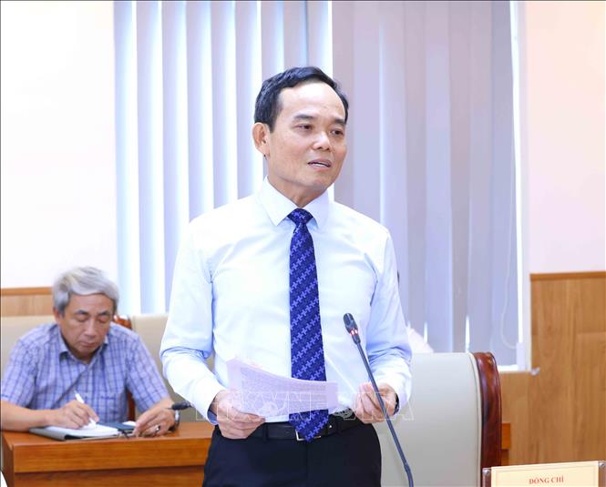 Đồng chí Trần Lưu Quang, Bí thư Trung ương Đảng, Trưởng Ban Chính sách, chiến lược Trung ương phát biểu tại buổi làm việc. Ảnh: Phương Hoa - TTXVN