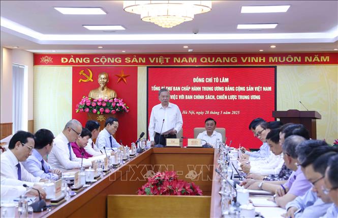 Tổng Bí thư Tô Lâm làm việc với Ban Chính sách, chiến lược Trung ương về cơ chế, chính sách quản lý hiệu quả thị trường vàng trong thời gian tới. Ảnh: Phương Hoa - TTXVN