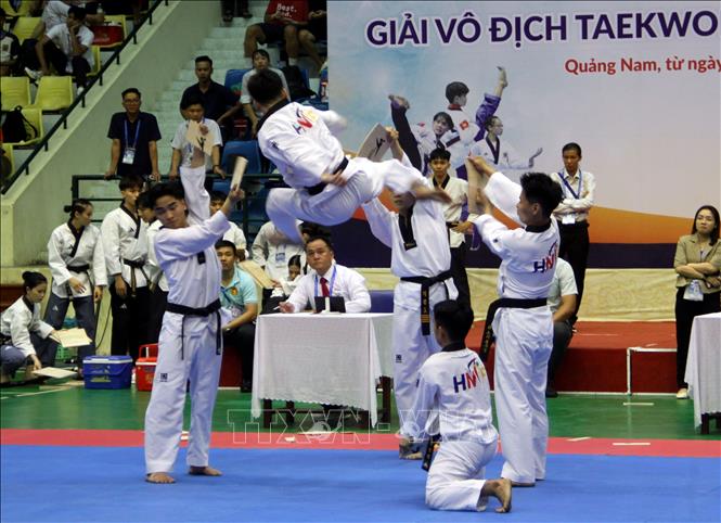  Các vận động viên thi đấu ở nội dung quyền tại giải. Ảnh: Trịnh Bang Nhiệm - TTXVN