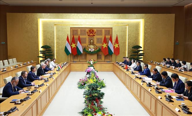 Thủ tướng Phạm Minh Chính hội kiến Tổng thống Hungary Sulyok Tamas. Ảnh: Dương Giang – TTXVN
