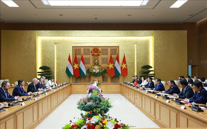 Thủ tướng Phạm Minh Chính hội kiến Tổng thống Hungary Sulyok Tamas. Ảnh: Dương Giang – TTXVN
