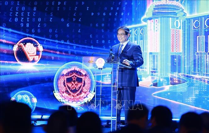 Thủ tướng Phạm Minh Chính phát biểu tại Sự kiện“Chuyển đổi số ngành Ngân hàng năm 2025”. Ảnh: Dương Giang-TTXVN
