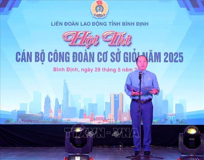 Phó chủ tịch Liên đoàn Lao động tỉnh Bình Định Lê Từ Bình phát biểu. Ảnh: Lê Phước Ngọc - TTXVN