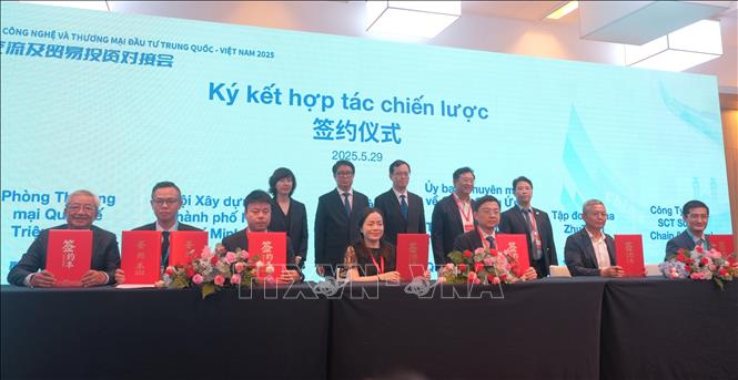 Doanh nghiệp Việt Nam - Trung Quốc ký kết hợp tác trong lĩnh vực khoa học, công nghệ và đổi mới sáng tạo. Ảnh: Hương Giang - TTXVN