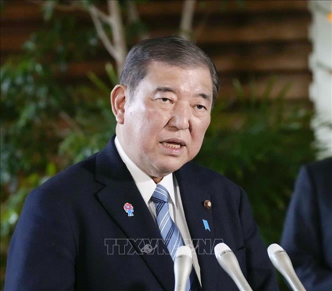 Thủ tướng Nhật Bản Shigeru Ishiba trong cuộc họp báo tại Tokyo, ngày 3/4/2025. Ảnh: Kyodo/TTXVN