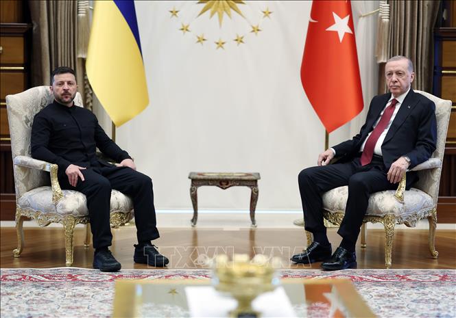 Tổng thống Thổ Nhĩ Kỳ Recep Tayyip Erdogan (phải) trong cuộc gặp Tổng thống Ukraine Volodymyr Zelensky tại Ankara, ngày 15/3/2025. Ảnh: THX/TTXVN