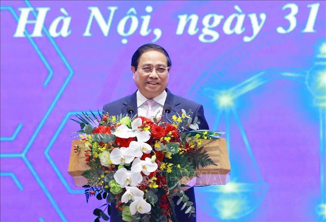 Thủ tướng Phạm Minh Chính phát biểu tại Lễ khai trương Cổng pháp luật quốc gia. Ảnh: Dương Giang-TTXVN

