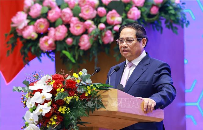 Thủ tướng Phạm Minh Chính phát biểu tại Lễ khai trương Cổng pháp luật quốc gia. Ảnh: Dương Giang-TTXVN
