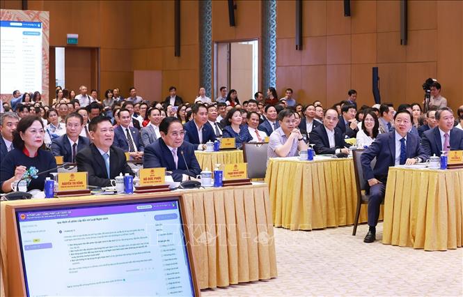 Thủ tướng Phạm Minh Chính dự Lễ khai trương Cổng pháp luật quốc gia. Ảnh: Dương Giang-TTXVN
