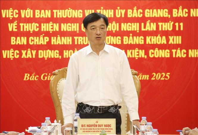 Đồng chí Nguyễn Duy Ngọc, Ủy viên Bộ Chính trị, Bí thư Trung ương Đảng, Chủ nhiệm Ủy ban Kiểm tra Trung ương phát biểu tại buổi làm việc. Ảnh: Đồng Thúy-TTXVN