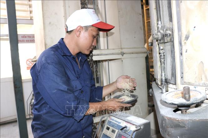 Công nhân Nhà máy xay xát gạo công nghệ cao Trung An kiểm tra độ bóng của gạo xuất khẩu. Ảnh: Hồng Nhung - TTXVN

