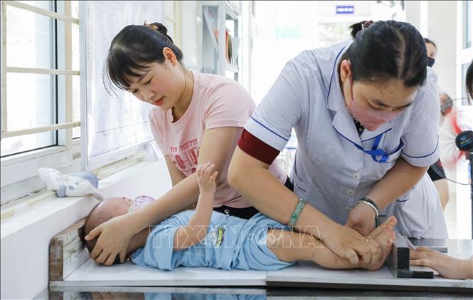 Cán bộ Trạm Y tế phường Ngọc Hà (quận Ba Đình) kiểm tra chiều cao, cân nặng cho trẻ trong độ tuổi bổ sung vi chất. Ảnh: Lê Đông - TTXVN