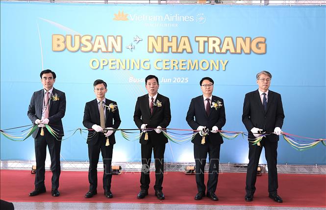 Nghi thức cắt băng khai trương đường bay thẳng Busan - Nha Trang tại sân bay Gimhae sáng 1/6/2025. Ảnh Khánh Vân - P/v TTXVN tại Hàn Quốc