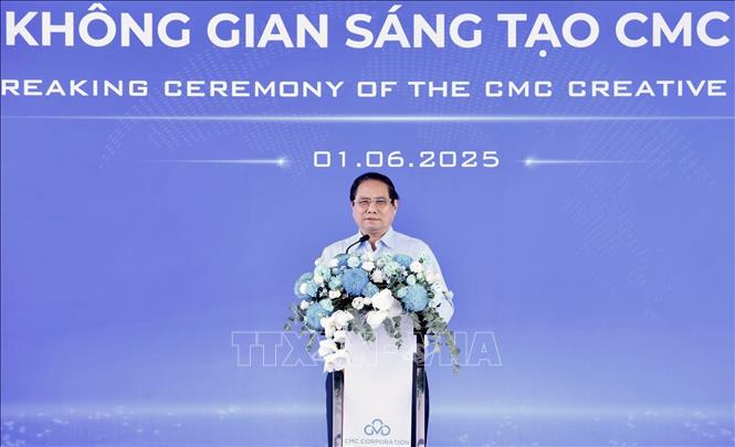 Thủ tướng Phạm Minh Chính phát biểu tại Lễ khởi công dự án Tổ hợp Không gian sáng tạo CMC tại Hà Nội. Ảnh: Dương Giang-TTXVN