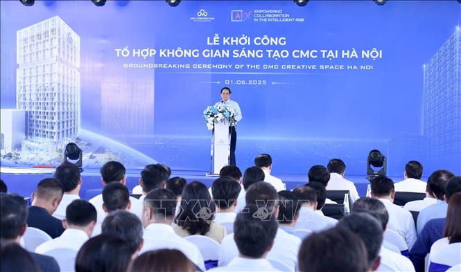 Thủ tướng Phạm Minh Chính phát biểu tại Lễ khởi công dự án Tổ hợp Không gian sáng tạo CMC tại Hà Nội. Ảnh: Dương Giang-TTXVN