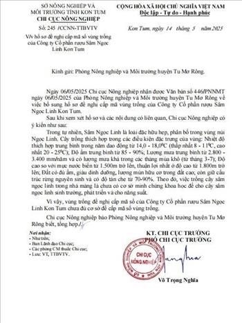 Văn bản số 245/CCNN-TTBVTV ngày 14/5 không đồng ý cấp mã vùng trồng cho Công ty Cổ phần rượu sâm Ngọc Linh Kon Tum. Ảnh: Cao Nguyên - TTXVN