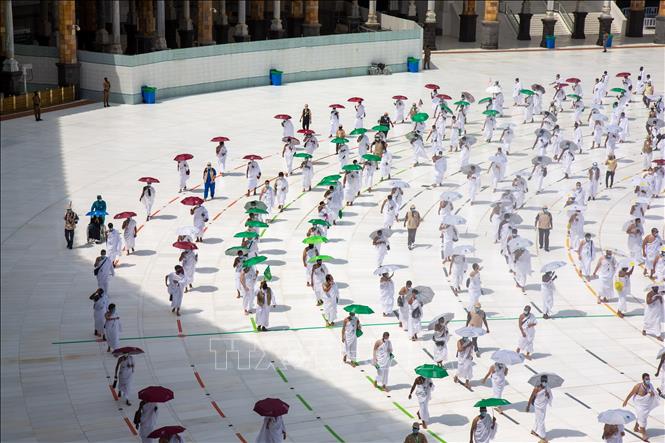 Các tín đồ Hồi giáo cầu nguyện tại Đền thờ Lớn ở thánh địa Mecca, Saudi Arabia (Ảrập Xêút), trong lễ hành hương Hajj. Ảnh: THX/TTXVN