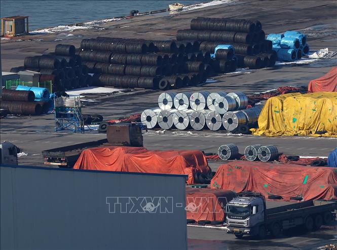 Thép thành phẩm chờ xuất khẩu tại khu cảng ở Pyeongtaek, Hàn Quốc ngày 11/2/2025. Ảnh: YONHAP/TTXVN