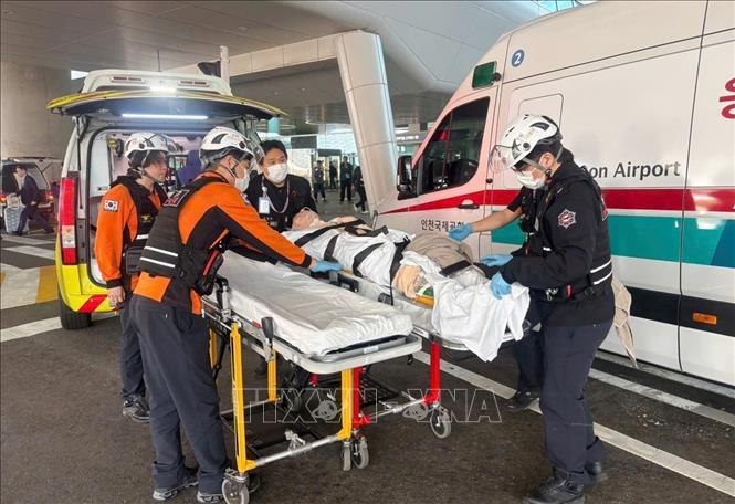 Bệnh nhân được đưa lên máy bay trở về Hàn Quốc. Ảnh: TTXVN phát