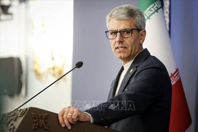 Người phát ngôn Bộ Ngoại giao Iran Esmaeil Baqaei phát biểu trong cuộc họp báo tại Tehran. Ảnh: IRNA/TTXVN