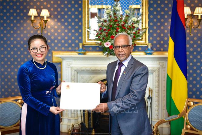 Đại sứ Trần Thị Thu Thìn đã trình Thư ủy nhiệm lên Tổng thống Dharambeer Gokhool. Ảnh: Đại sứ quán Việt Nam tại Mozambique/TTXVN phát