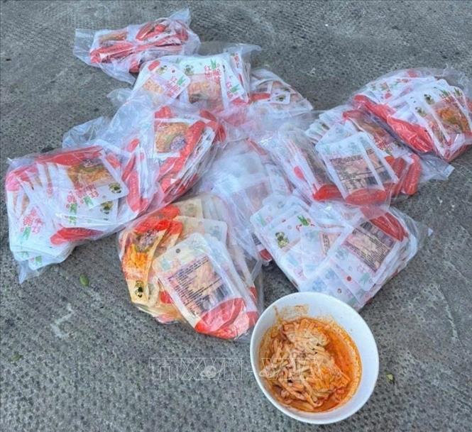 Cận cảnh gói măng tẩm gia vị không rõ nguồn gốc, xuất xứ vừa bị lực lượng chức năng tỉnh Hà Tĩnh bắt giữ. Ảnh: TTXVN phát