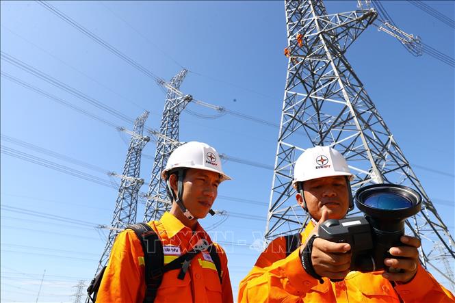 Công nhân đội truyền tải điện Bắc Bình (Bình Thuận) kiểm tra tuyến đường dây trên địa bàn huyện Tuy Phong. Ảnh: Huy Hùng - TTXVN