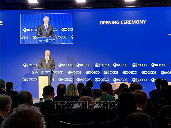 Tổng thư ký OCDE Mathias Cormann phát biểu khai mạc cuộc họp Hội đồng cấp Bộ trưởng OCDE năm 2025. Ảnh: Nguyễn Thu Hà - P/v TTXVN tại Pháp



