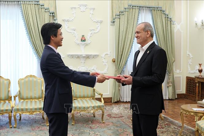 Đại sứ Việt Nam tại Iran Nguyễn Lương Ngọc trình Thư ủy nhiệm lên Tổng thống Iran Masoud Pezeshkian. Ảnh: TTXVN phát