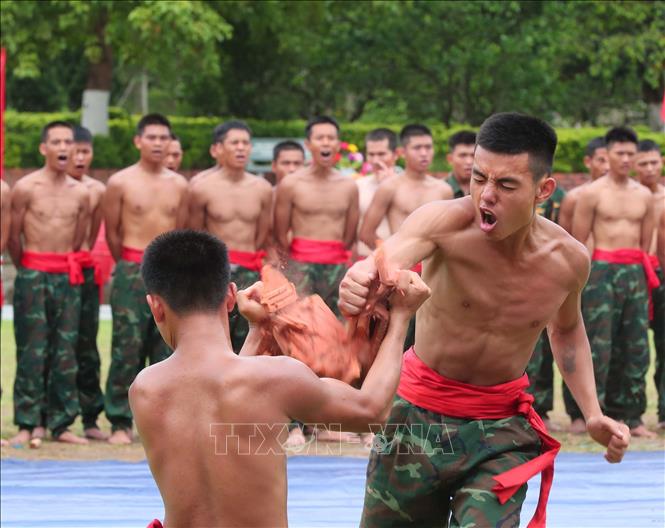 Biểu diễn công phá: đập ngói trên đầu của chiến sĩ nhập ngũ năm 2025. Ảnh: Trọng Đức - TTXVN