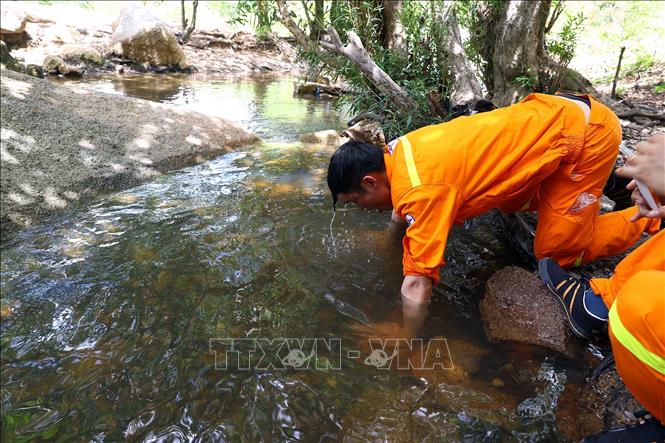 Dừng nghỉ chân bên dòng suối khi đi kiểm tra tuyến. Ảnh: Huy Hùng - TTXVN