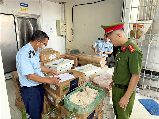 Các thực phẩm không rõ nguồn gốc xuất xứ được lực lượng chức năng kiểm tra phát hiện. Ảnh: TTXVN phát