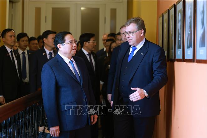 Thủ tướng Phạm Minh Chính hội kiến Chủ tịch Quốc hội Estonia Lauri Hussar. Ảnh: Dương Giang-TTXVN
