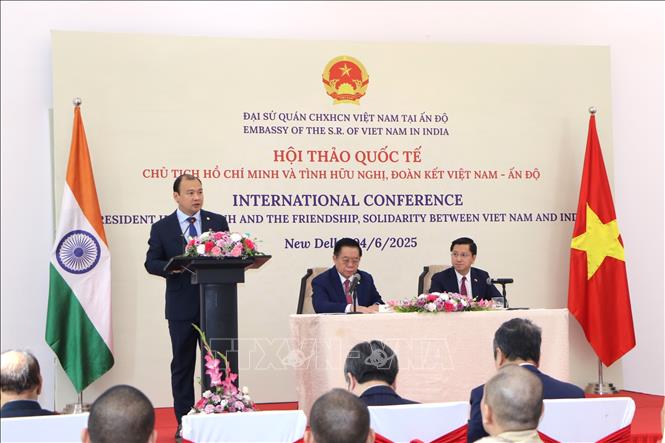 Đồng chí Lê Hải Bình, Ủy viên dự khuyết Trung ương Đảng, Thứ trưởng Thường trực Bộ Văn hóa, Thể thao và Du lịch, trình bày tham luận tại hội thảo quốc tế “Chủ tịch Hồ Chí Minh và tình hữu nghị, đoàn kết Việt Nam - Ấn Độ”. Ảnh: Ngọc Thúy- p/v TTXVN tại Ấn Độ