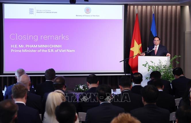 Thủ tướng Phạm Minh Chính phát biểu tại Diễn đàn doanh nghiệp Việt Nam-Estonia. Ảnh: Dương Giang-TTXVN